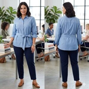 Lane Bryant Button Down Shirt Blue Tie Waist Preppy Business Casual Coastal 26